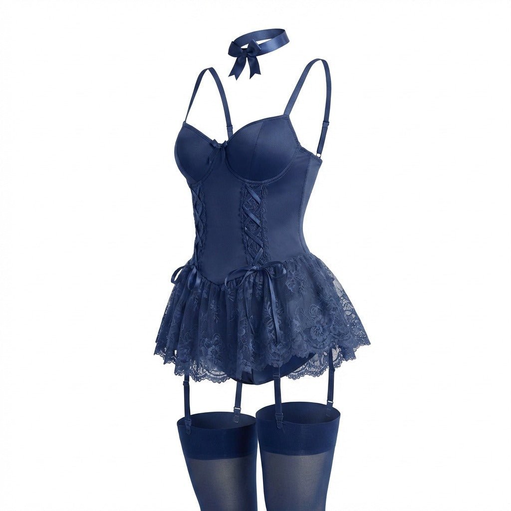 Damen Spitzen-Rüschen Bustier Body mit Strumpfhalter-Riemen - Navy