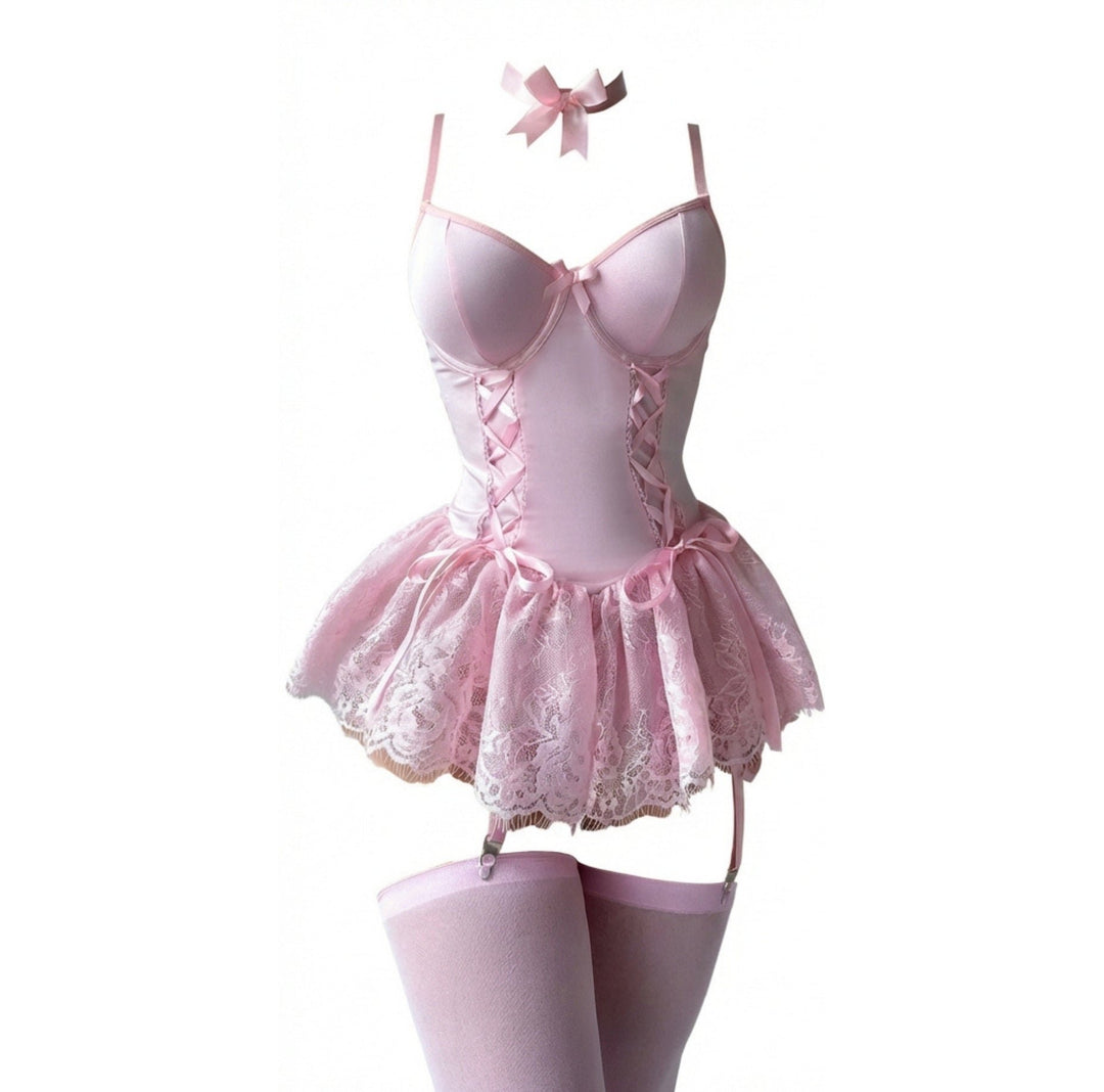 Damen Spitzen-Rüschen Bustier Body mit Strumpfhalter-Riemen - Pink