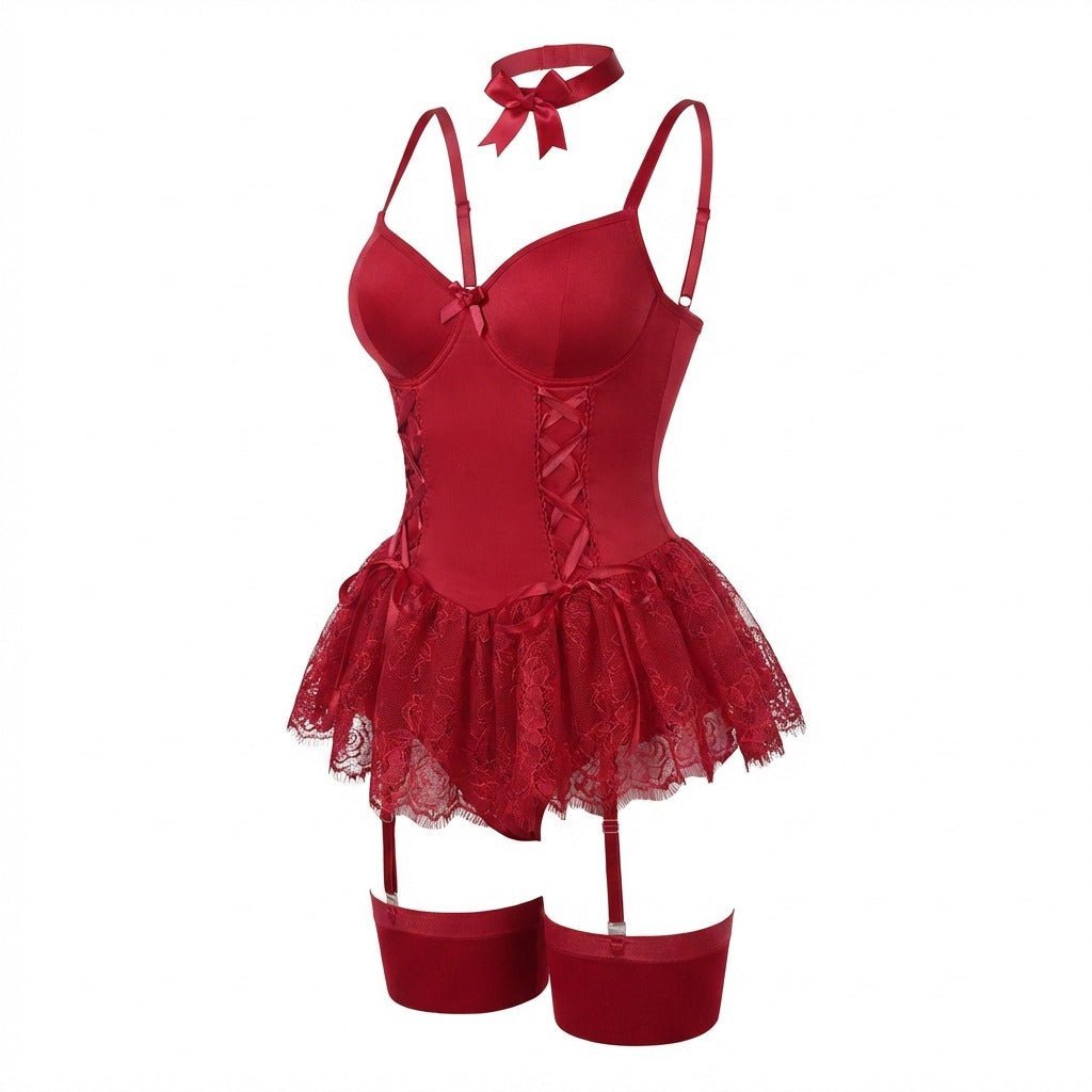 Damen Spitzen-Rüschen Bustier Body mit Strumpfhalter-Riemen - Burgundy