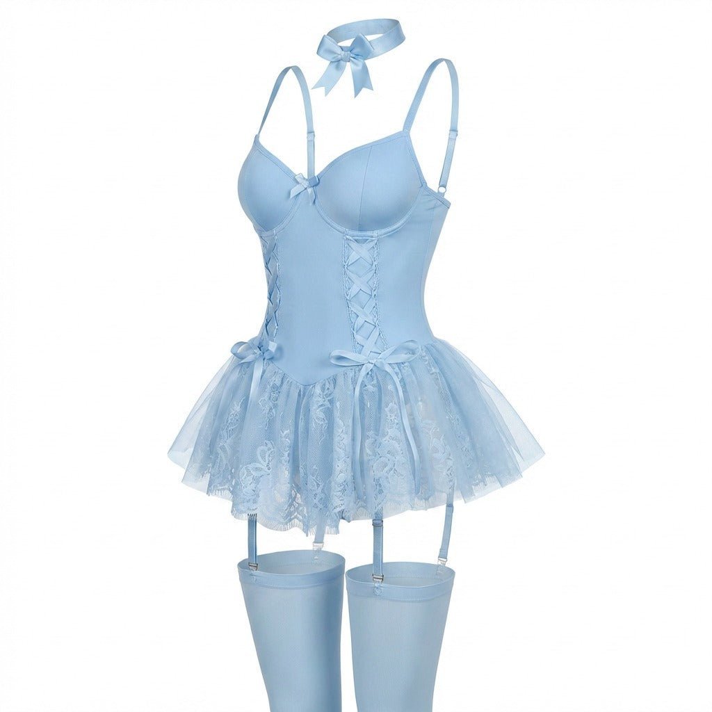 Damen Spitzen-Rüschen Bustier Body mit Strumpfhalter-Riemen - Baby Blue