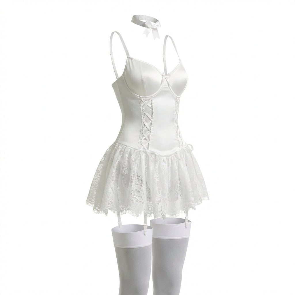 Damen Spitzen-Rüschen Bustier Body mit Strumpfhalter-Riemen - White