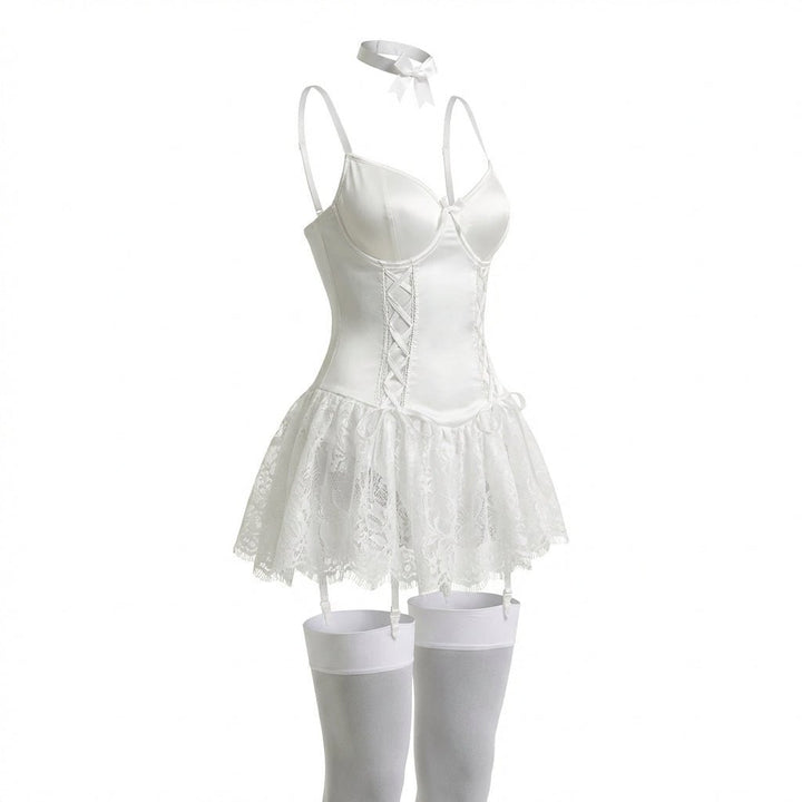 Damen Spitzen-Rüschen Bustier Body mit Strumpfhalter-Riemen - White