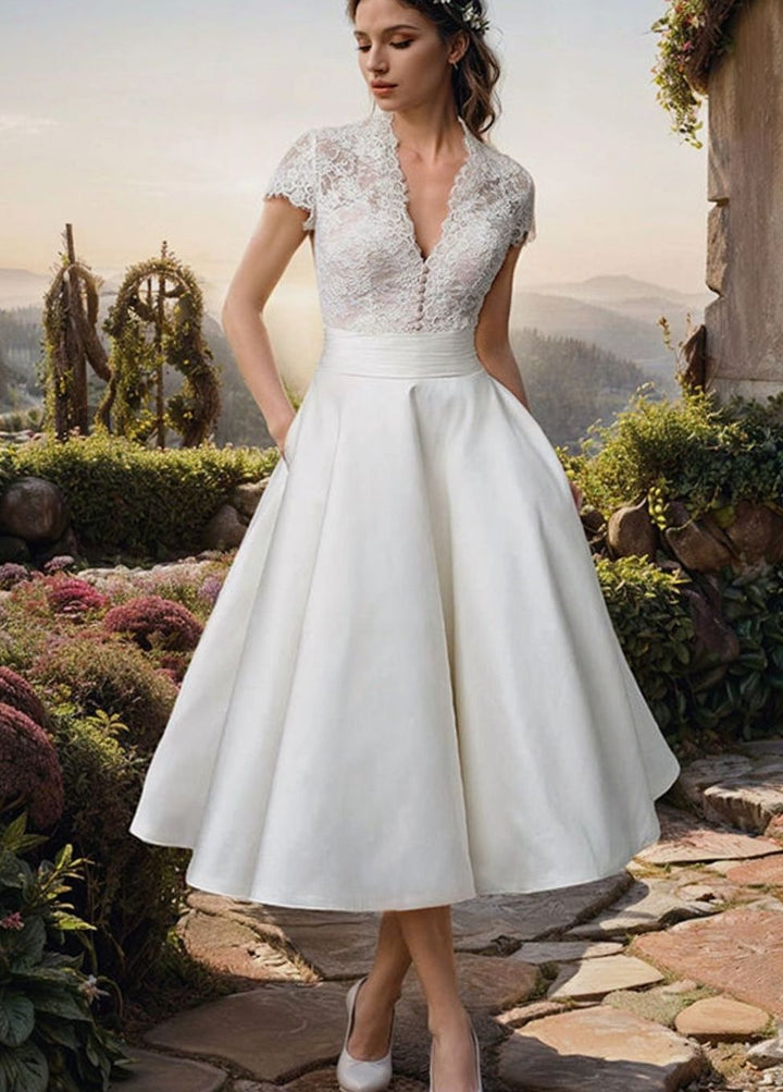 Damen Spitzentop V-Ausschnitt Ausgestelltes Midi Hochzeitskleid - Weiß