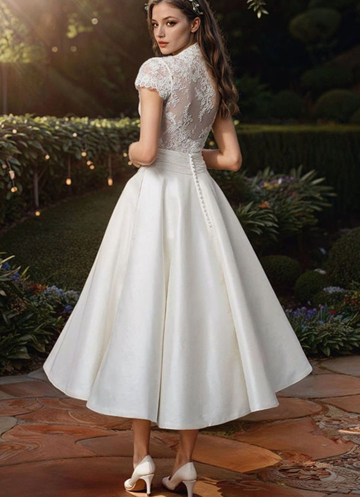 Damen Spitzentop V-Ausschnitt Ausgestelltes Midi Hochzeitskleid