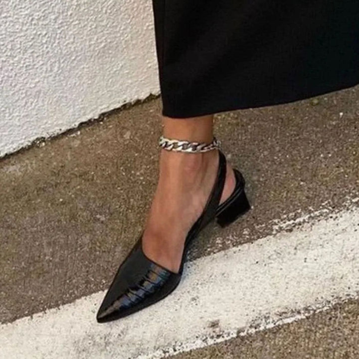 Damen Spitzzehn-Slingback-Pumps mit Blockabsatz Kroko-Prägung