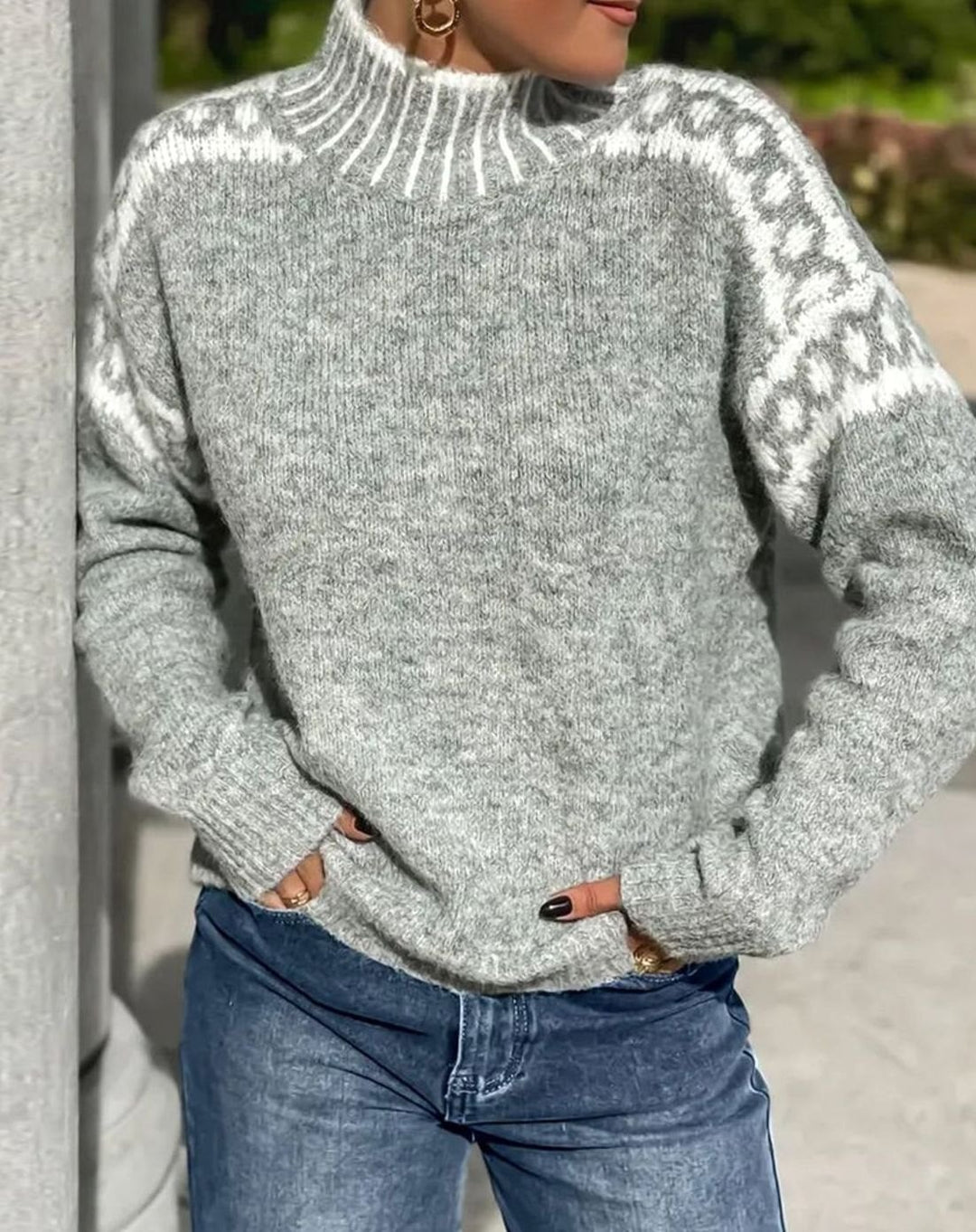 Damen Stehkragen Strickpullover für die Kalte Jahreszeit mit Jacquardmuster - Grau