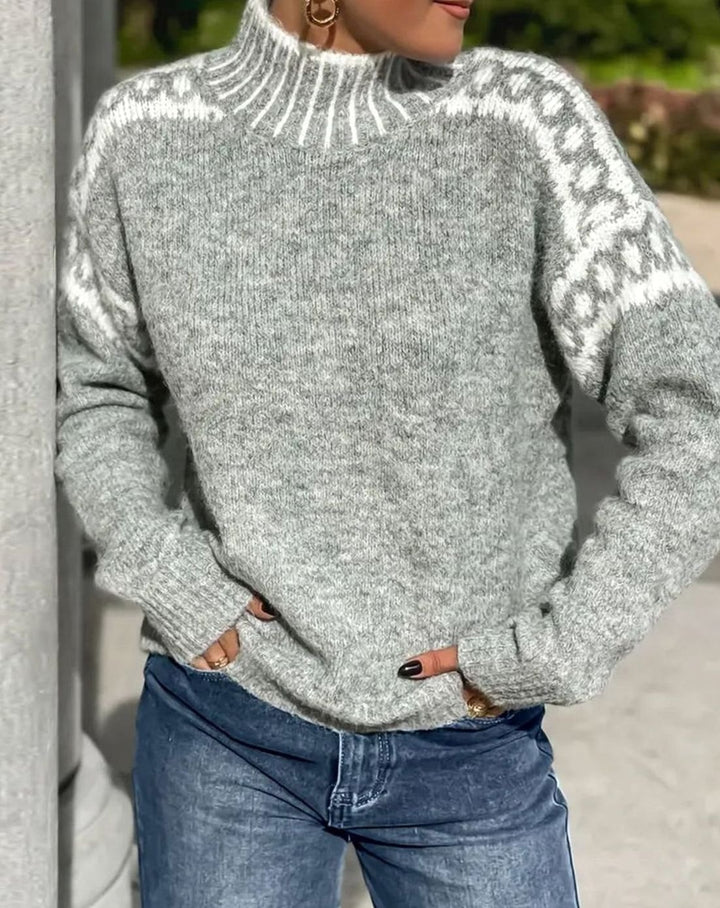 Damen Stehkragen Strickpullover für die Kalte Jahreszeit mit Jacquardmuster - Grau