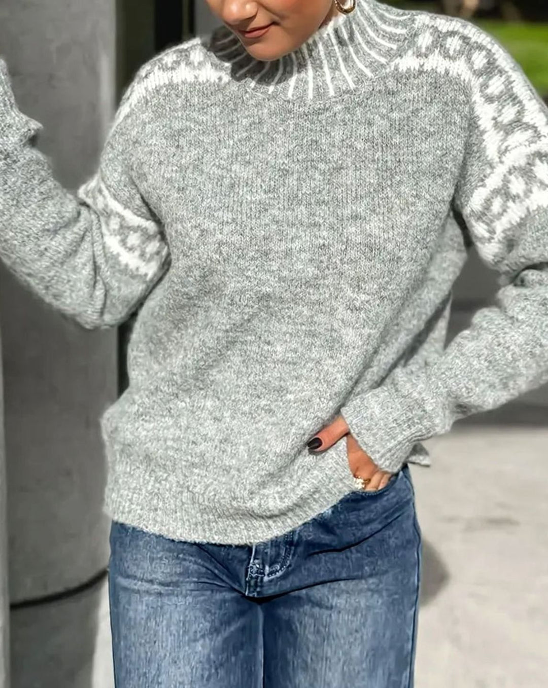 Damen Stehkragen Strickpullover für die Kalte Jahreszeit mit Jacquardmuster