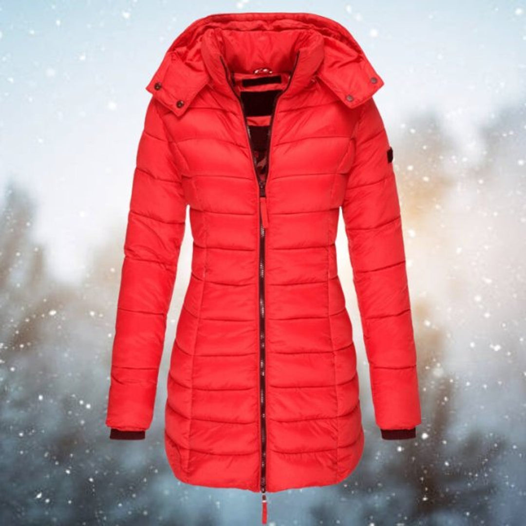 Damen Steppjacke Kapuze Langer Schnitt Warme Winterjacke - Rot