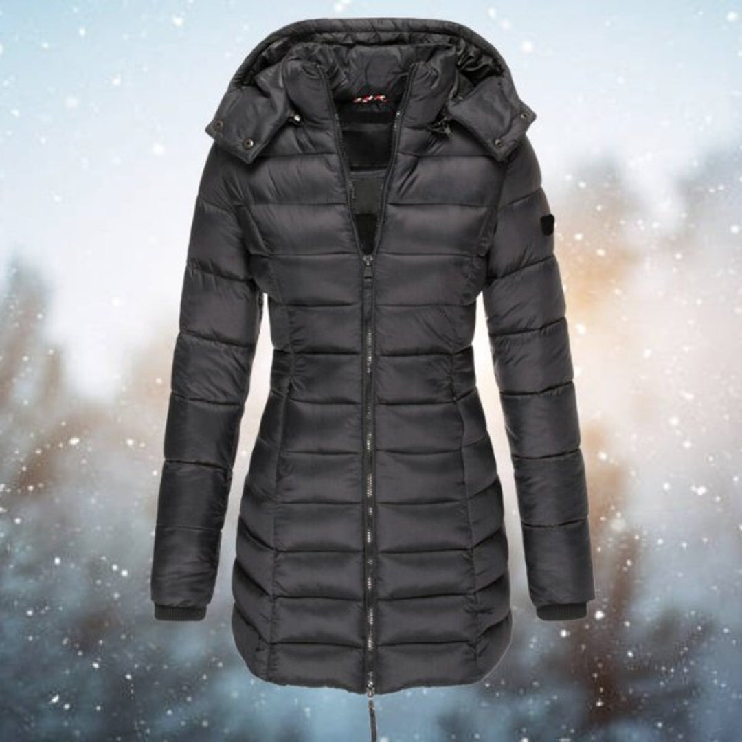Damen Steppjacke Kapuze Langer Schnitt Warme Winterjacke - Schwarz