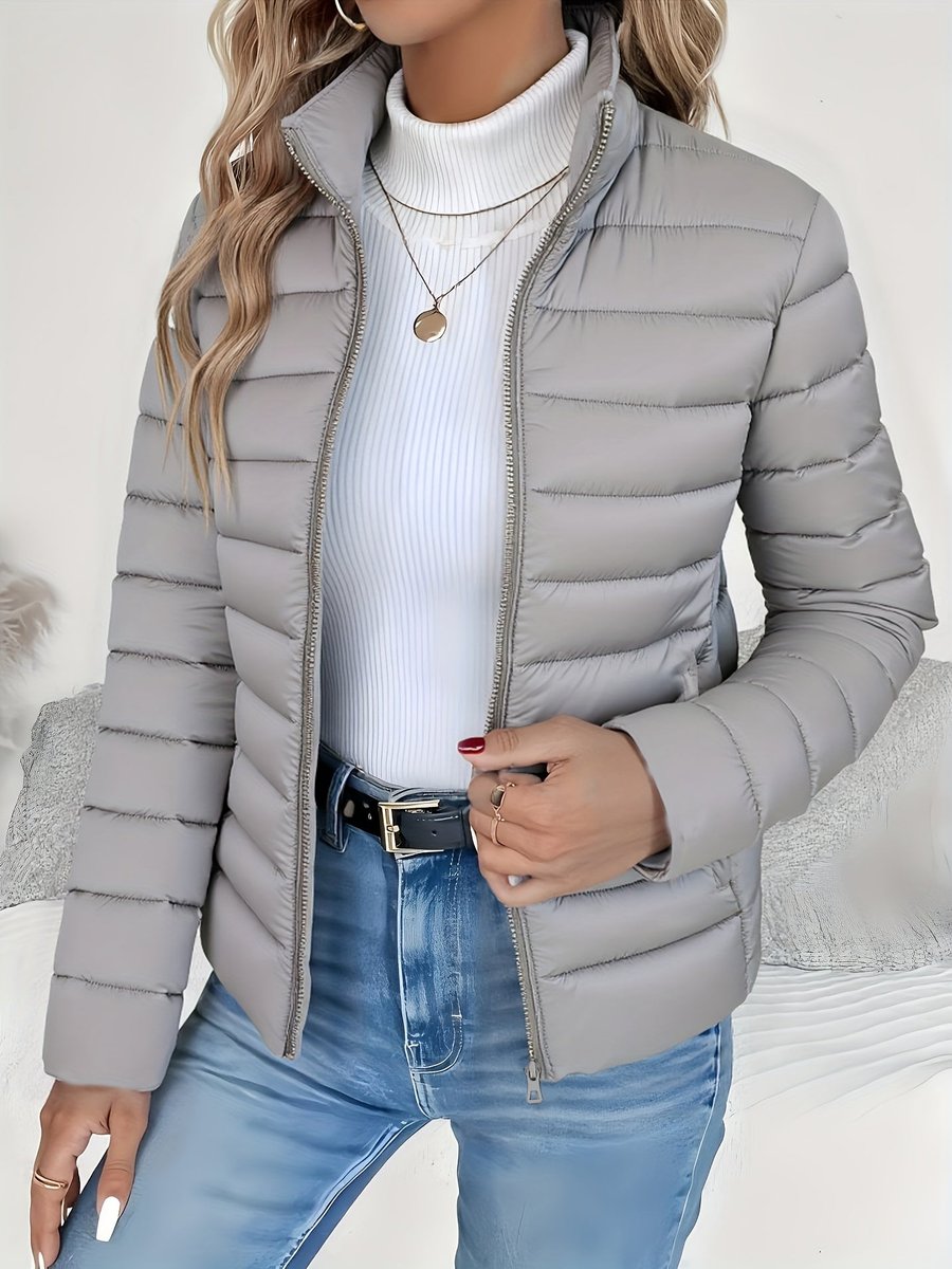 Damen Steppjacke leichter Women Coat Stehkragen Reißverschluss Herbst Winter - Grau