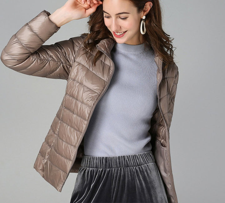 Damen Steppjacke leichter Women Coat Stehkragen Reißverschluss Herbst Winter - Khaki
