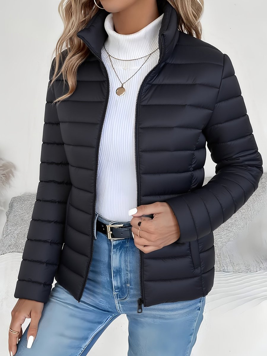 Damen Steppjacke leichter Women Coat Stehkragen Reißverschluss Herbst Winter - Schwarz