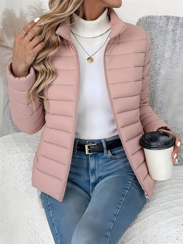 Damen Steppjacke leichter Women Coat Stehkragen Reißverschluss Herbst Winter - Rosa
