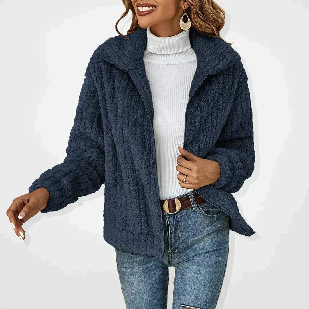 Damen Steppjacke Lässige Plüsch Reißverschluss Übergangsjacke - Marineblau