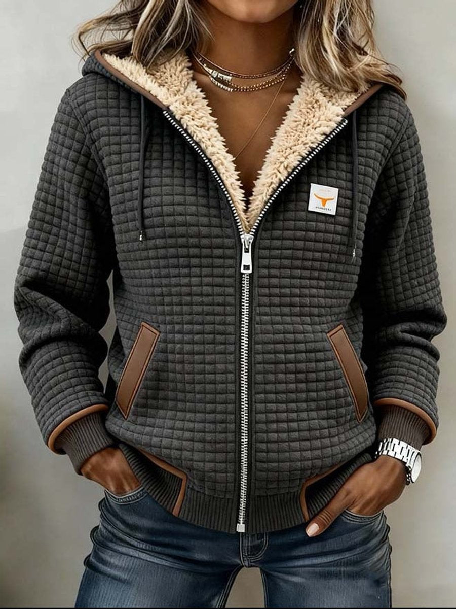 Damen Steppjacke mit Fleece-Futter Reißverschluss Kapuze Thermojacke