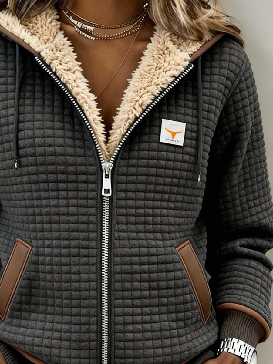 Damen Steppjacke mit Fleece-Futter Reißverschluss Kapuze Thermojacke