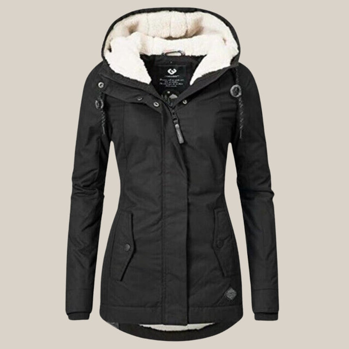 Damen Steppjacke mit Fleecefutter verstellbarer Kapuze Winterjacke - Schwarz