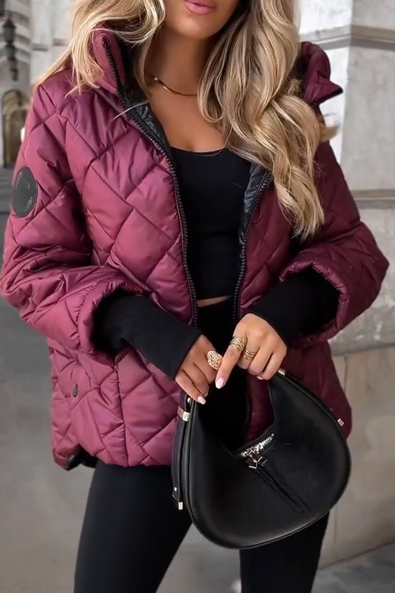 Damen Steppjacke mit Kapuze Reißverschluss Oversized Winterjacke - Rotwein