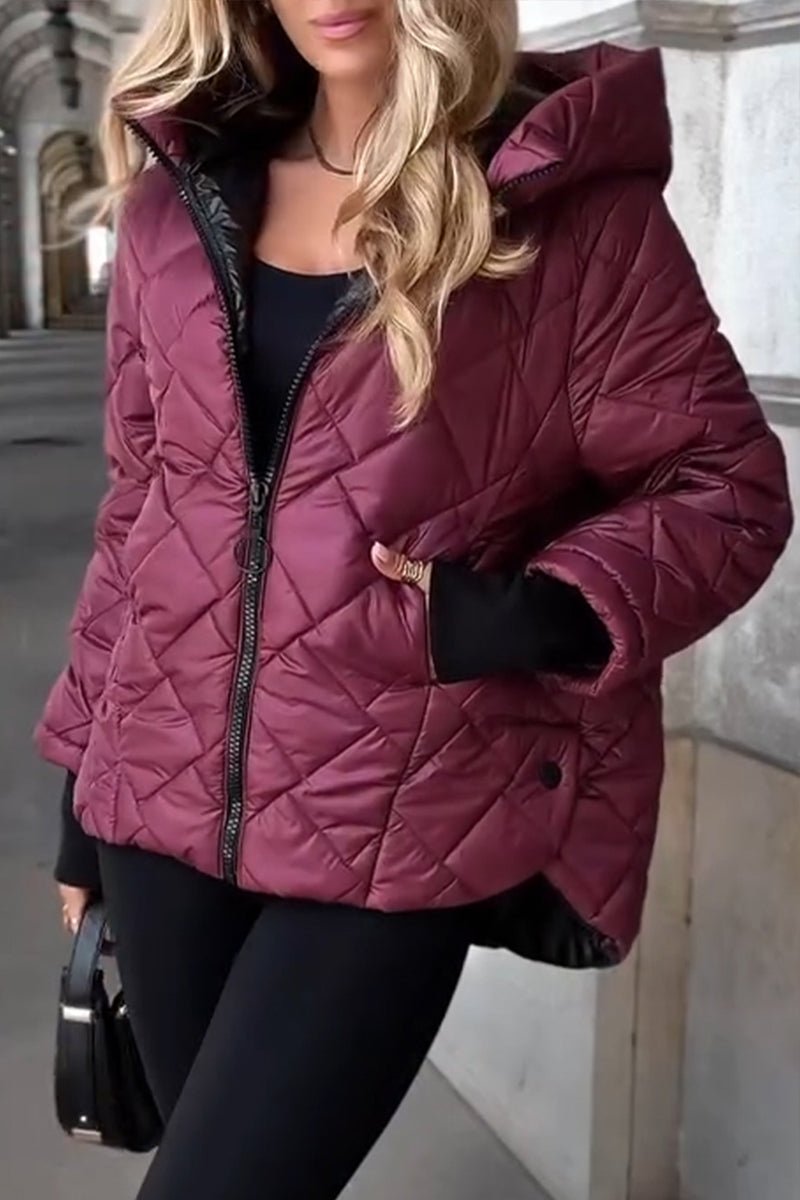 Damen Steppjacke mit Kapuze Reißverschluss Oversized Winterjacke