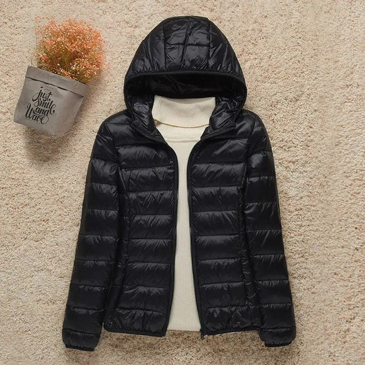Damen Steppjacke mit Kapuze ultraleichte gefütterte Übergangsjacke - Schwarz