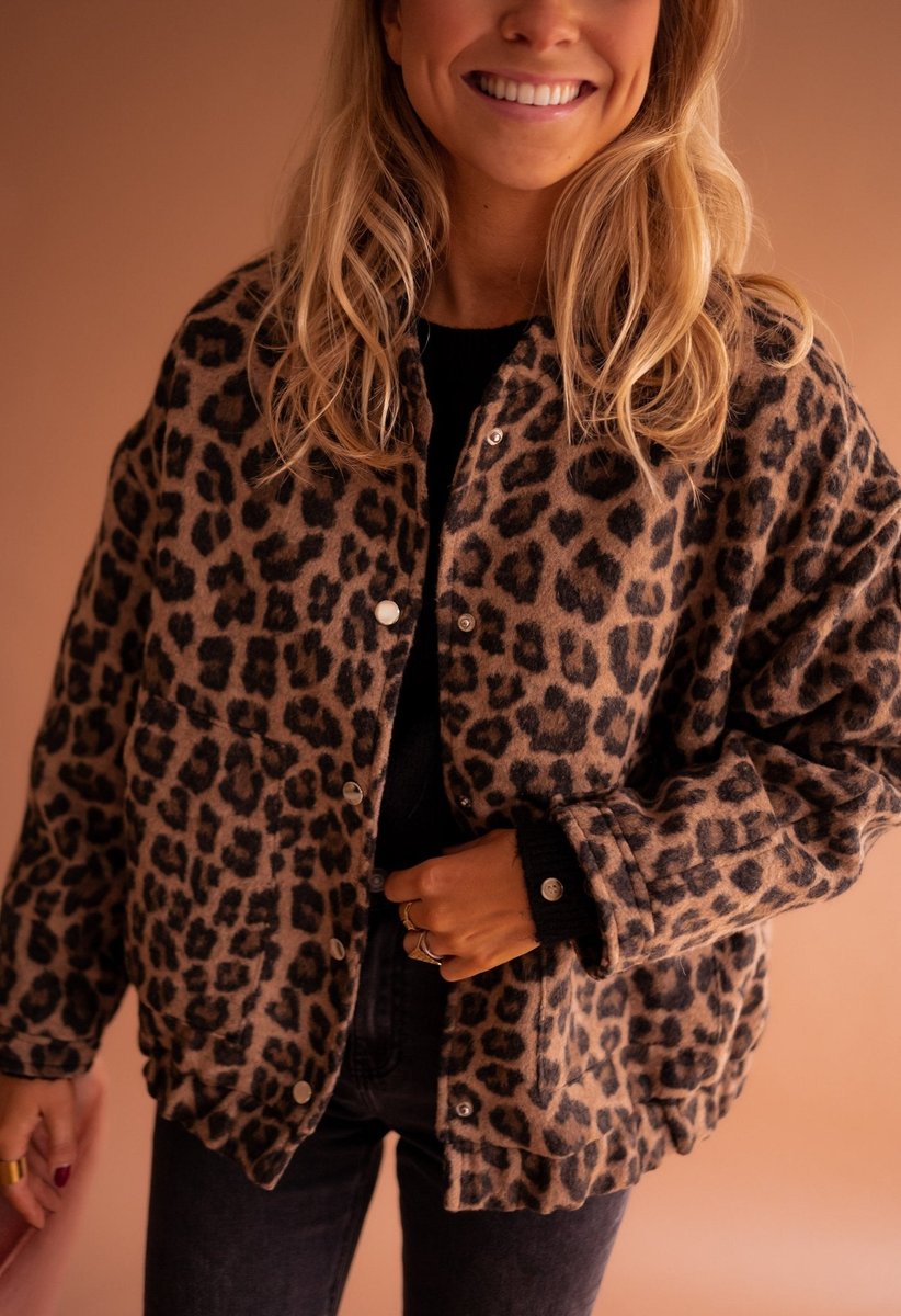 Damen Steppjacke Oversized Leopardenmuster Druckknopf - Leopard