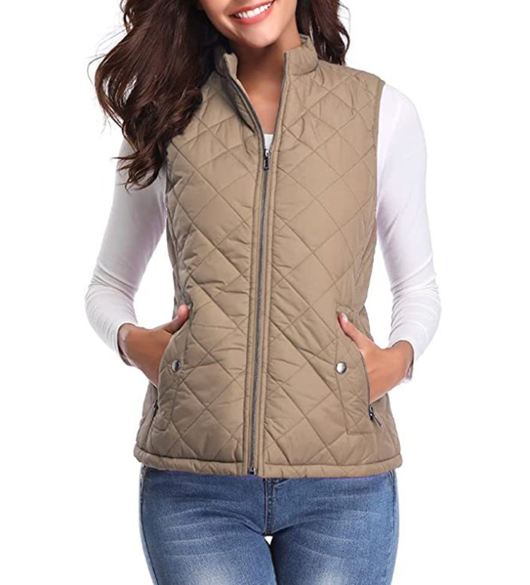 Damen Steppweste leicht gefütterte Puffer Vest Women Reißverschluss - Hellkaffee