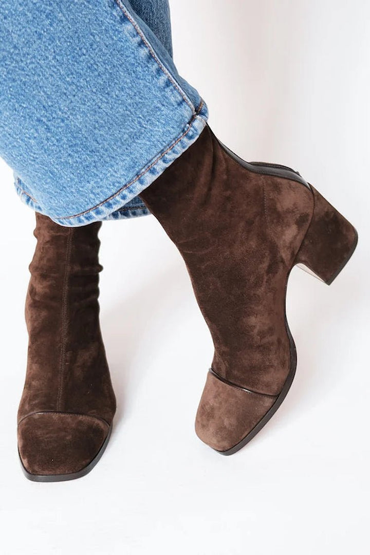Damen Stiefeletten Blockabsatz Quadratische Zehenpartie - Dark Brown