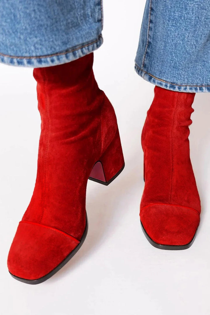 Damen Stiefeletten Blockabsatz Quadratische Zehenpartie - Red