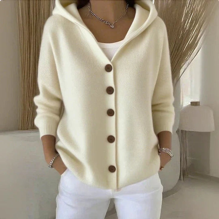 Damen Strick-Cardigan mit Kapuze Knopfleiste Relaxed Fit - Beige