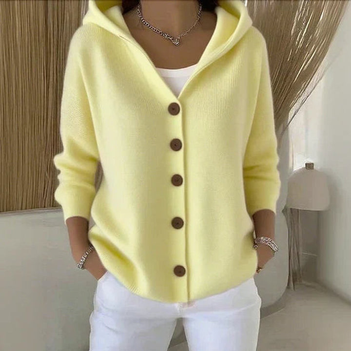 Damen Strick-Cardigan mit Kapuze Knopfleiste Relaxed Fit - Gelb