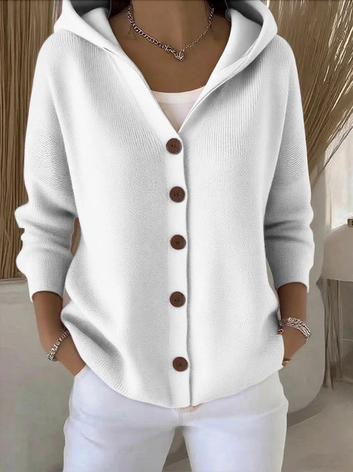 Damen Strick-Cardigan mit Kapuze Knopfleiste Relaxed Fit - Weiß