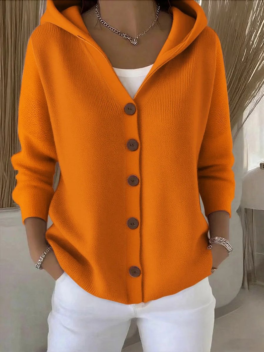 Damen Strick-Cardigan mit Kapuze Knopfleiste Relaxed Fit - Orange