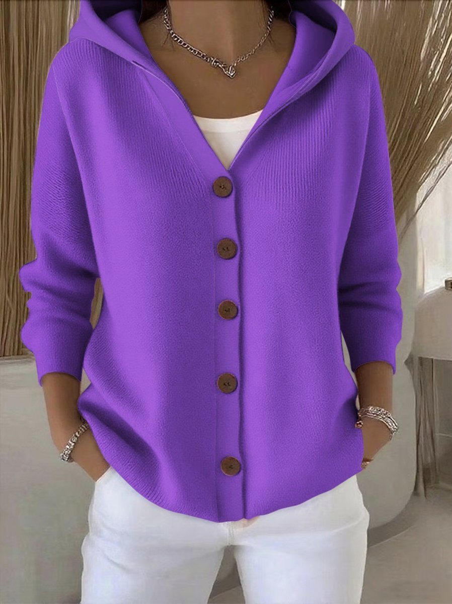 Damen Strick-Cardigan mit Kapuze Knopfleiste Relaxed Fit - Lila