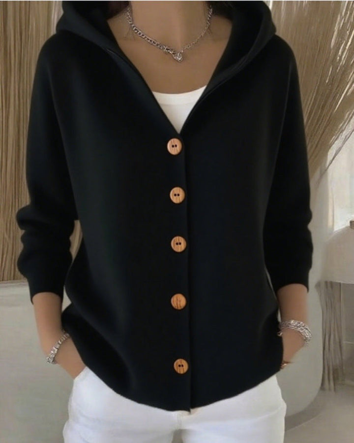 Damen Strick-Cardigan mit Kapuze Knopfleiste Relaxed Fit - Schwarz