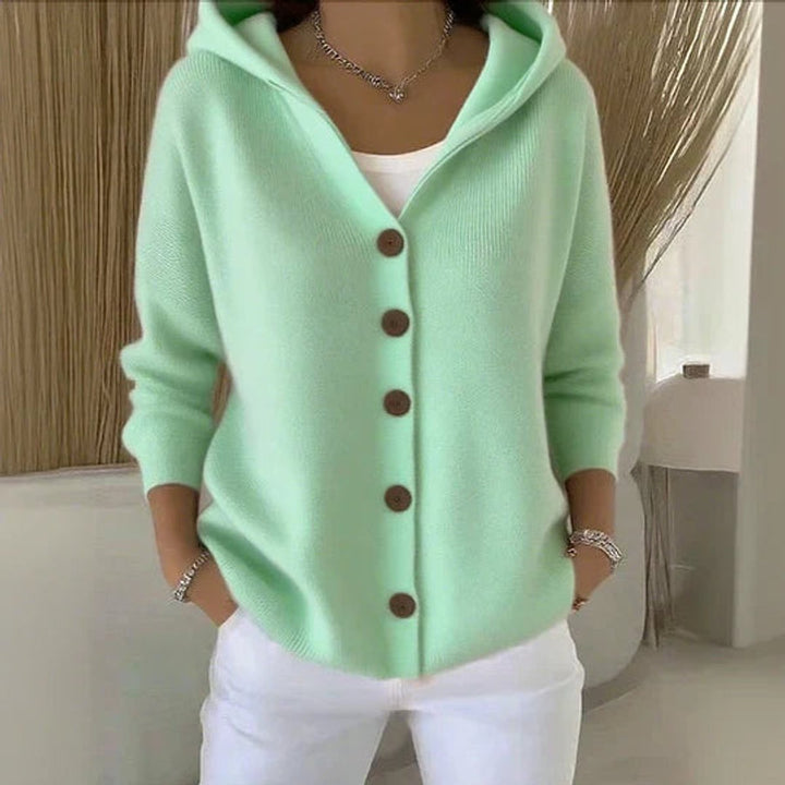 Damen Strick-Cardigan mit Kapuze Knopfleiste Relaxed Fit - Grün