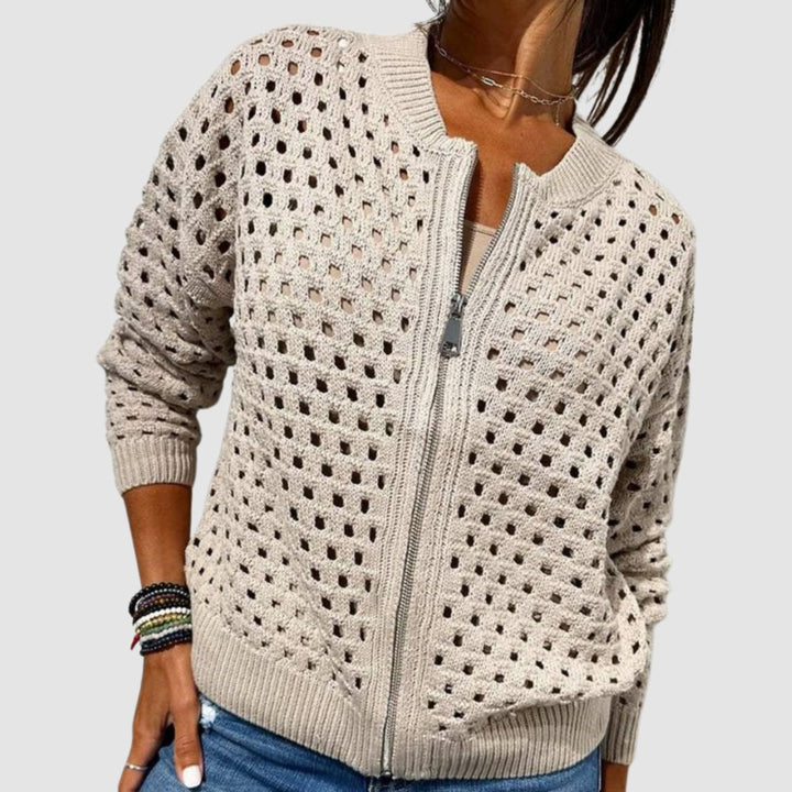 Damen Strick-Cardigan mit Lochmuster und Reißverschluss - Beige
