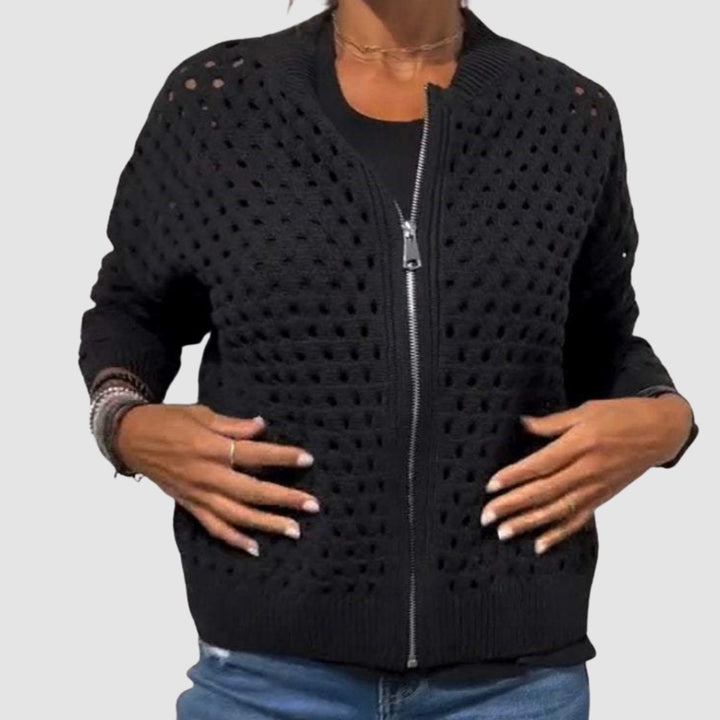 Damen Strick-Cardigan mit Lochmuster und Reißverschluss - Schwarz