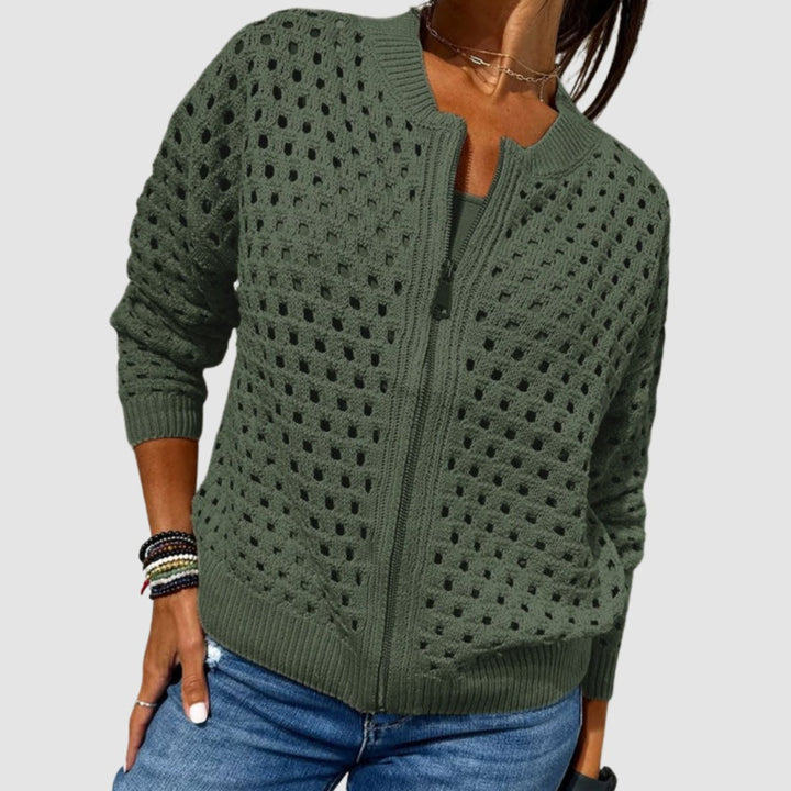 Damen Strick-Cardigan mit Lochmuster und Reißverschluss - Grün