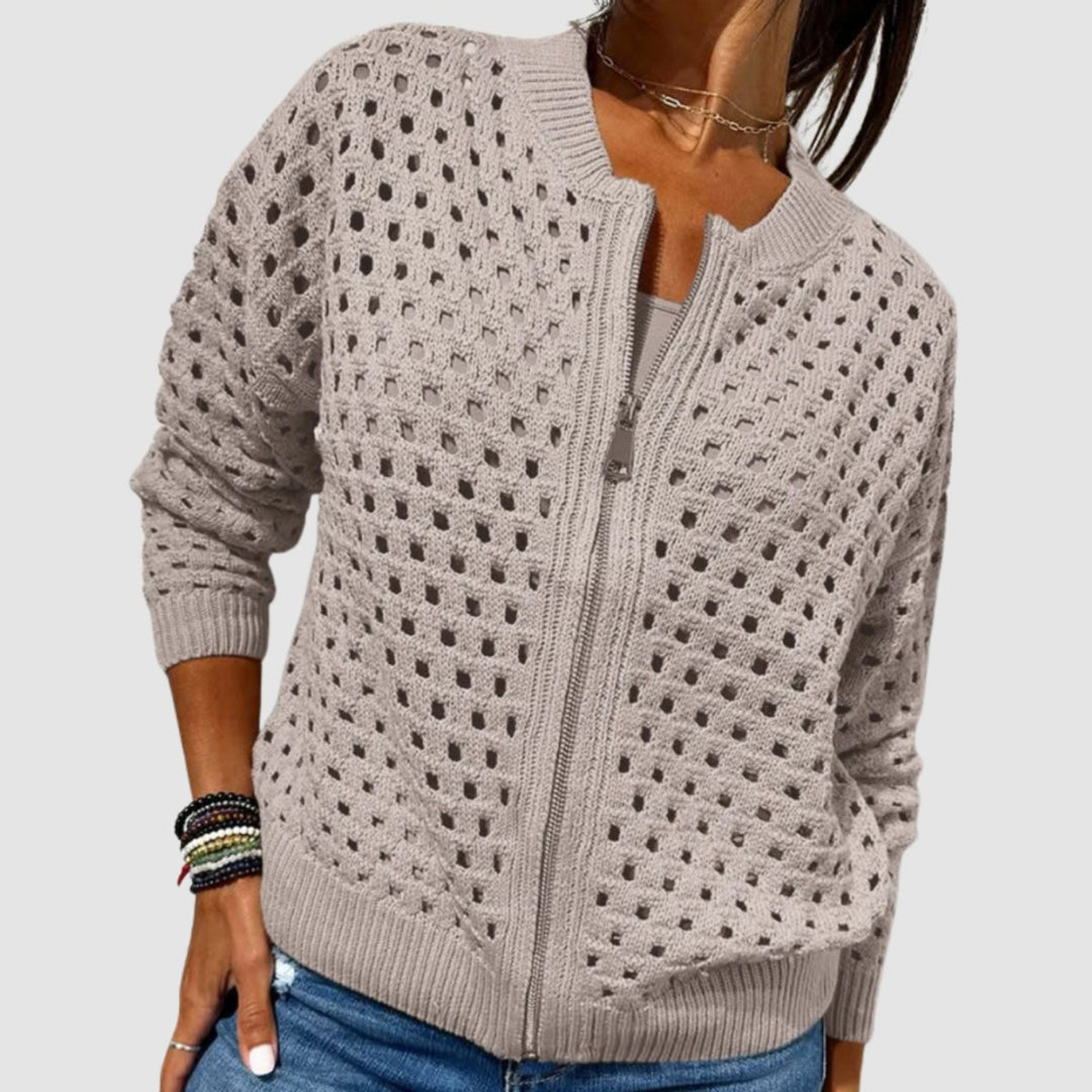 Damen Strick-Cardigan mit Lochmuster und Reißverschluss - Khaki