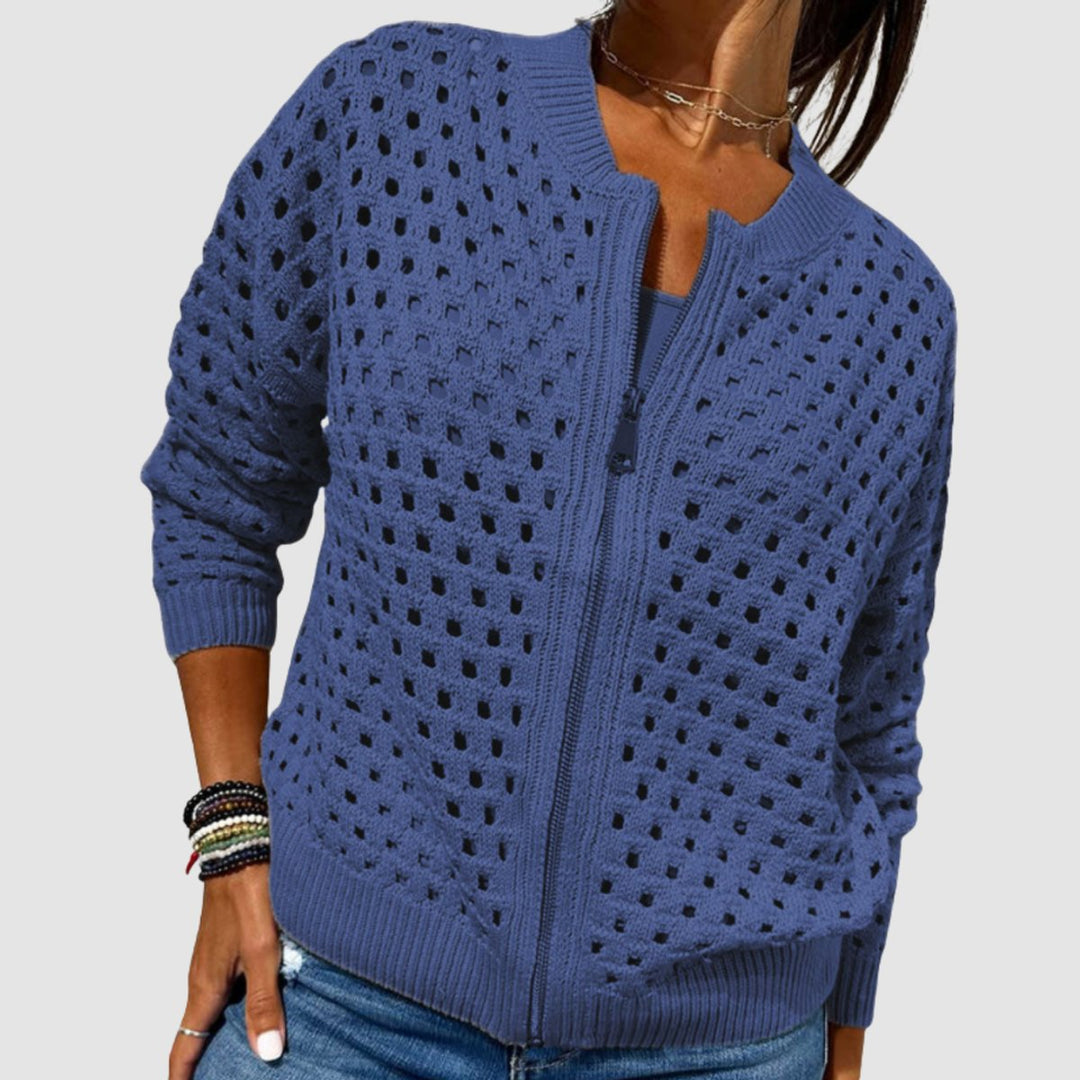 Damen Strick-Cardigan mit Lochmuster und Reißverschluss - Blau
