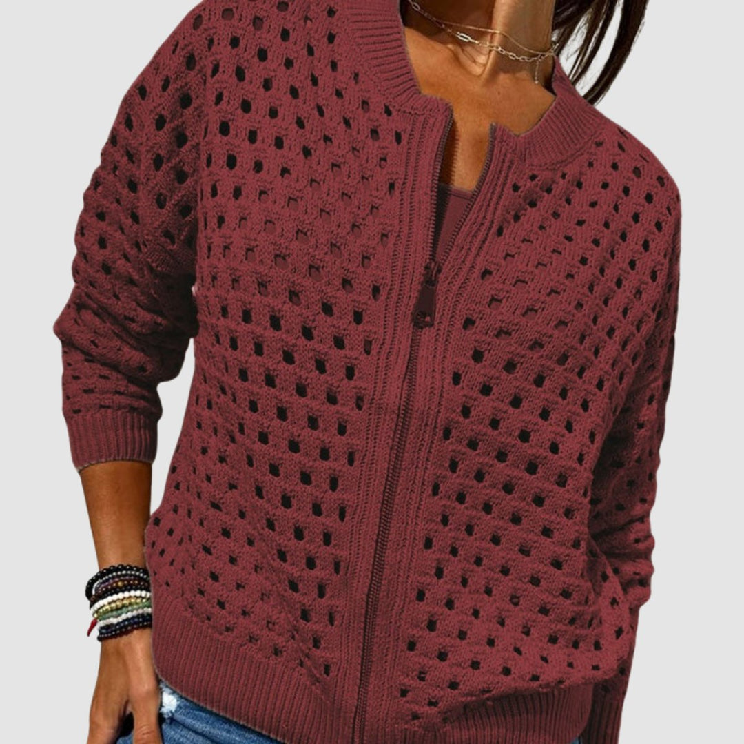 Damen Strick-Cardigan mit Lochmuster und Reißverschluss - Burgunderrot