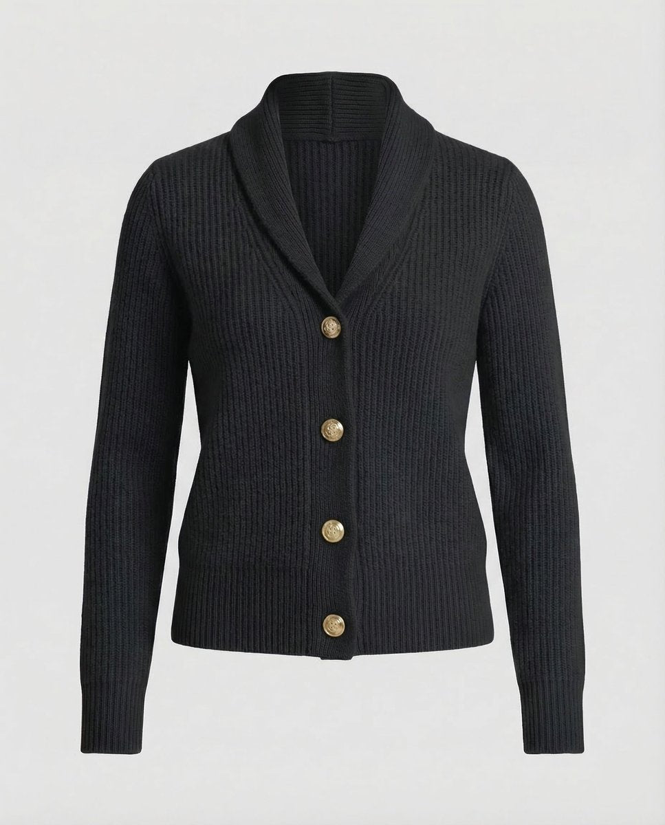 Damen Strick-Cardigan mit Revers-Kragen Knopfleiste Langarm - Schwarz