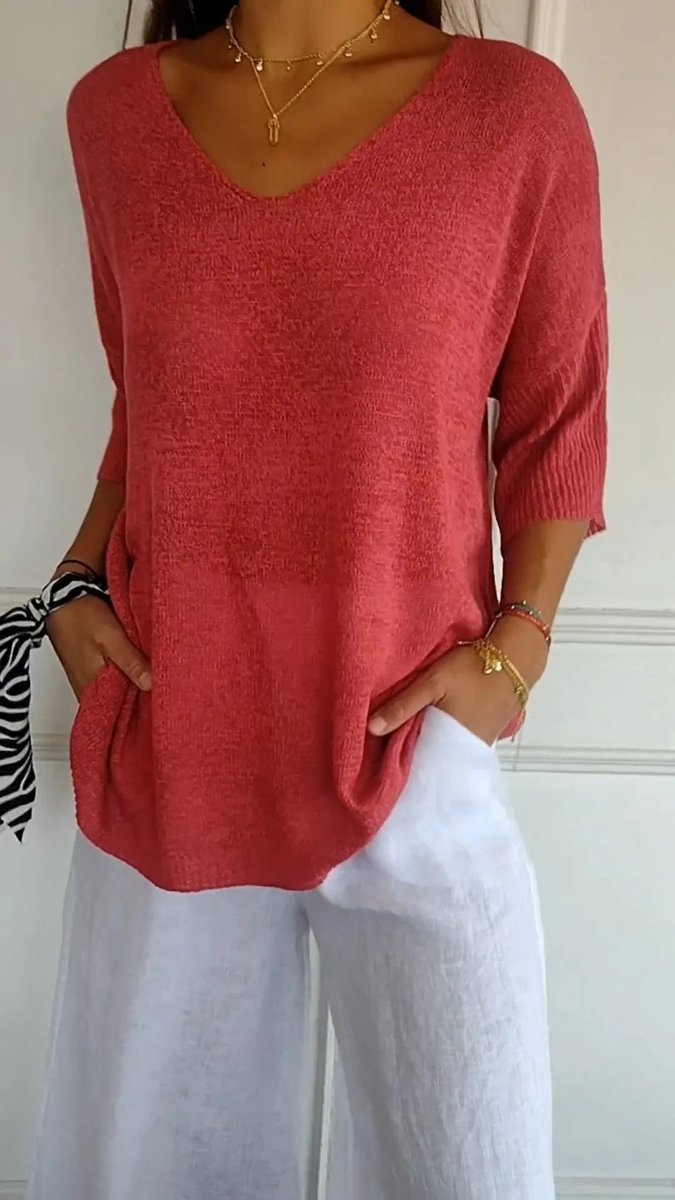 Damen Strick-Top V-Ausschnitt Halbarm weicher Oversize-Schnitt - Rot