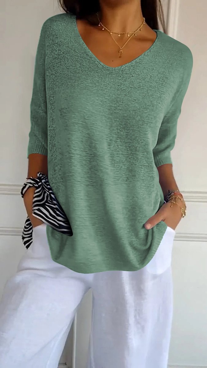 Damen Strick-Top V-Ausschnitt Halbarm weicher Oversize-Schnitt - Grasgrün