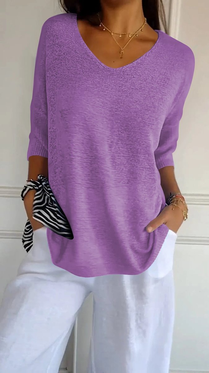 Damen Strick-Top V-Ausschnitt Halbarm weicher Oversize-Schnitt - Violett