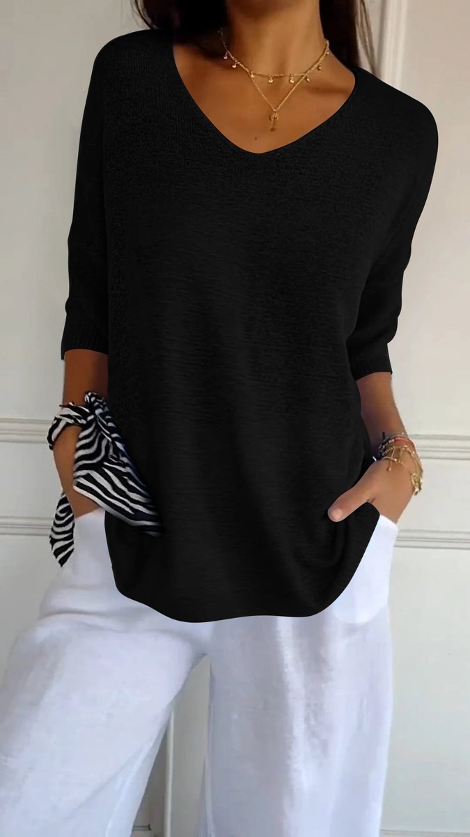 Damen Strick-Top V-Ausschnitt Halbarm weicher Oversize-Schnitt - Schwarz