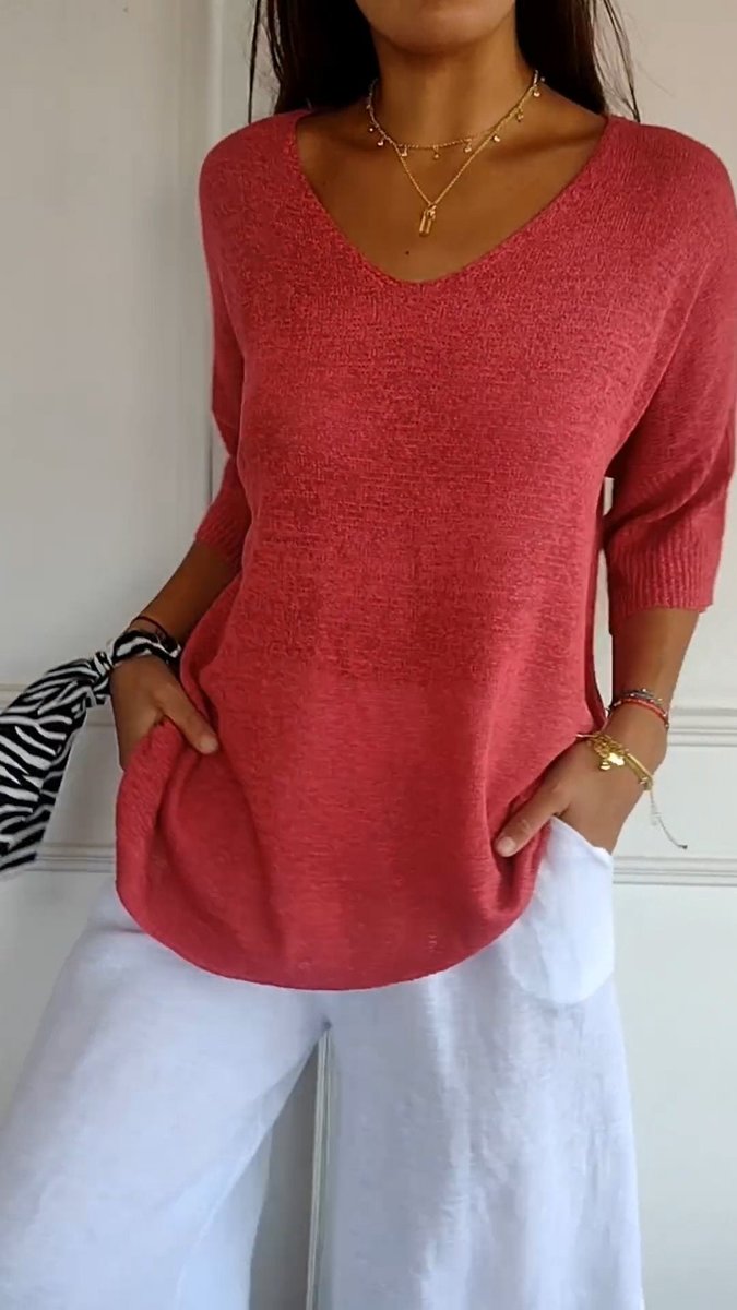 Damen Strick-Top V-Ausschnitt Halbarm weicher Oversize-Schnitt