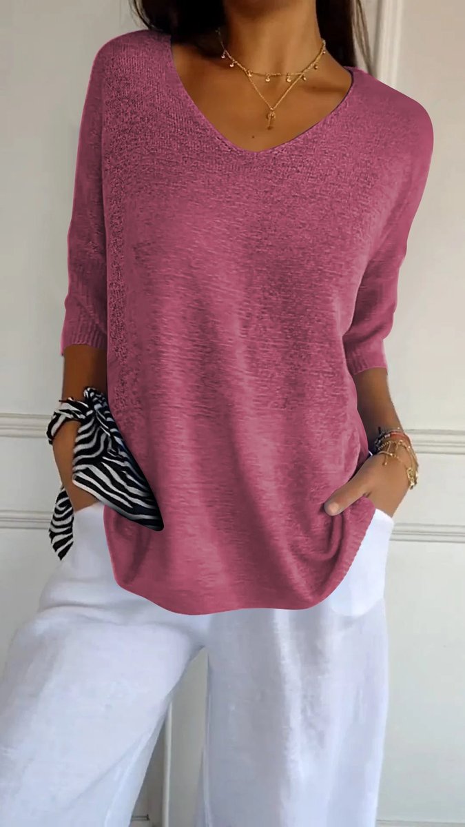 Damen Strick-Top V-Ausschnitt Halbarm weicher Oversize-Schnitt - Rosa