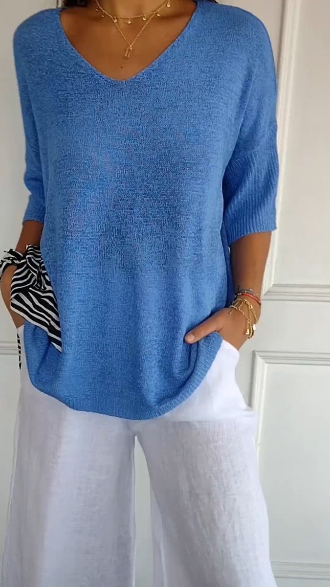Damen Strick-Top V-Ausschnitt Halbarm weicher Oversize-Schnitt - Blau